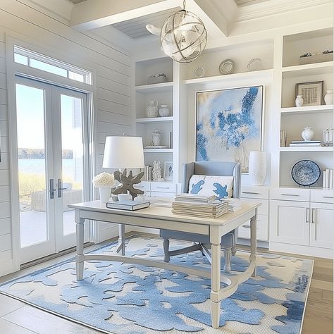 Coastal-Inspired Blue and White Home Office Concept Coastal Office Space, Coastal Home Library, Coastal Blue Home Office, Coastal Library Room, Coastal Modern Office Design, Coastal Home Office Beach, Light Blue Office Ideas, Blue Study Room, Blue And White Coastal Aesthetic