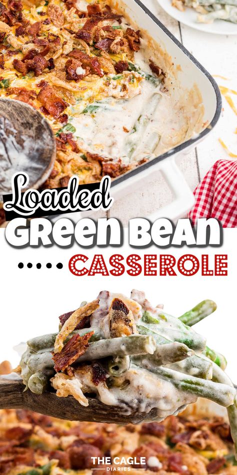 A loaded green bean casserole recipe that's easy to make and 'loaded' with tasty ingredients. Bacon, cheese, crispy fried onions, sour cream to name a few... Bacon Green Bean Casserole, Cheese Green Bean Casserole, Casserole With Cream Cheese, Green Bean Casserole Bacon, Cheesy Green Beans, Cheesy Green Bean Casserole, Creamy Green Beans, Green Bean Casserole Easy, Easy Green Beans