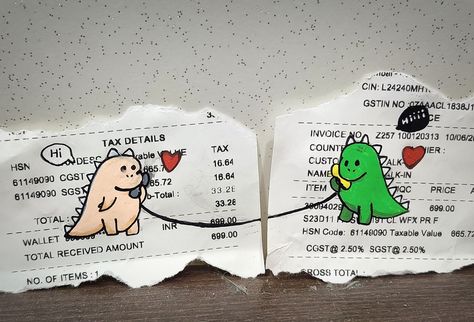 kawai cute dinosaurs mini painting on bill for phone transparent case, couple twinning goals. Phone Cover Ideas For Couples, Couples Art Painting Diy, Matching Mini Canvas Art, Twin Canvas Painting Ideas, Phone Case Receipt, Matching Phone Case Ideas, Drawing On Bill Receipt, Bill Drawing Aesthetic, Twin Painting Ideas