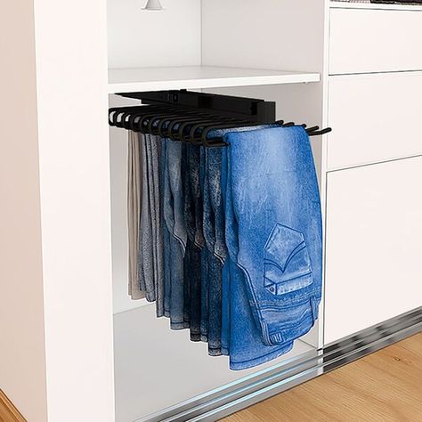 Looking for a sleek and modern way to store your trousers? Check out the 11 hooks Trouser rack! This stylish trouser rack is steel with 2 electrostatic paint baths in anthracite gray, giving it a tremendous modern appearance. It has a central sliding rail that allows you to load pants on each hardware side. Balancing the load equally on each side of the pants is essential to achieve better performance. The module height is based on pants 1100mm in length, so you can ensure your trousers will fit Jean Organization, Pants Organization, Trouser Hangers, Closet Rack, Pants Rack, Open Closet, Pant Hangers, Hanging Closet, Small Closet Organization