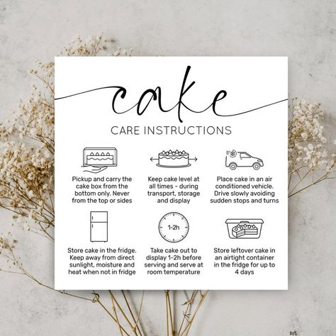 Cake Care Thank You Card Elegant Script Minim Bakery Thank You Note, Instruction Card Design Ideas, Cake Instructions Card, Home Bakery Business Cards, Home Bakery Packaging, Cake Box Design Packaging Ideas, Bakery Business Cards Ideas, Cake Menu Design Ideas, Cake Care Instructions Card Printable