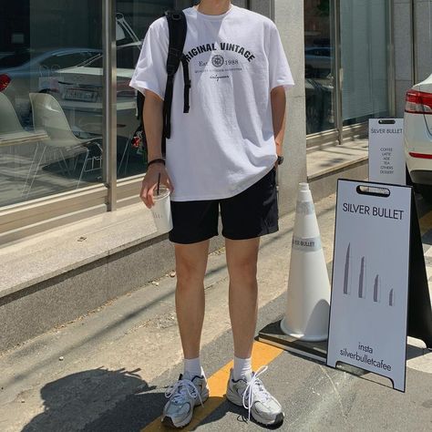 Shorts Outfits Men Streetwear Korean, Shorts Outfits Men Korean, White Shirt Black Shorts Outfit Men, Nb530 Outfit Man, Casual Shorts Outfit Men, Shorts And Tshirt Outfits Men, Ootd Short Pants Men, Short Pants Outfit Men Street Styles, Nb 530 Outfit Men