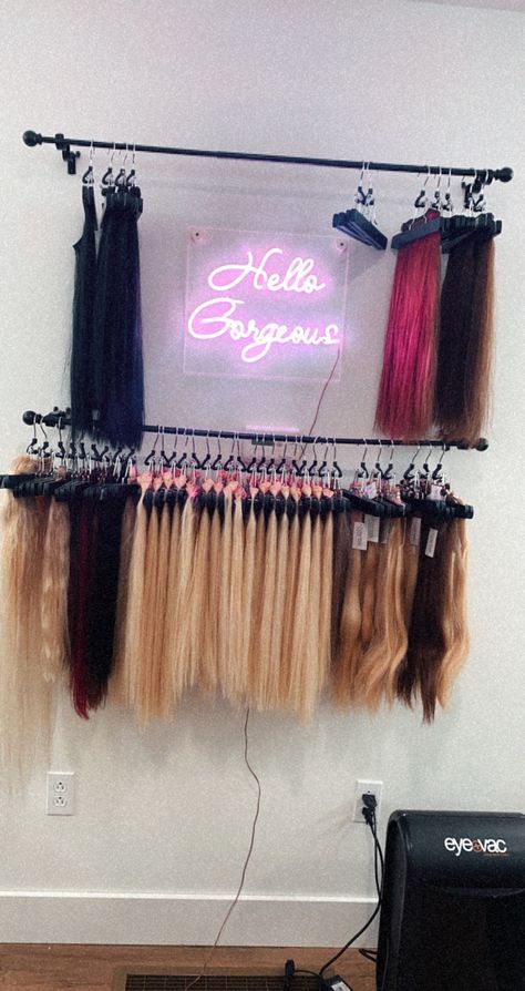 Hair Extension Display Ideas, Hair Extension Display, Hair Extension Storage, Extension Display, Wig Display, Fluffy Boots, Hair Business, Salon Suites, Salon Business