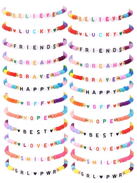 PRICES MAY VARY. 【24 Pcs Letter Beaded Bracelets】---This girls jewelry includes 24 pcs letter beads bracelets with different letters such as love, lucky, hope, brave, dream, bff, etc. Providing your girls with various styles to meet their matching needs. 【High Quality & Elastic Design】---Made of high quality material, which is durable, fade-free, smell-free and ski-friendly. Keeping your girl’s safe is always our pursuit. The elastic design of the bracelet make it suitable for most girls' wrists Matching Bracelets Ideas, Bracelet Buisness, Kandi Creations, Camp Bracelets, Homemade Bracelet, Pure Satisfaction, Girls Bracelets, Make Clay Beads, Toddler Jewelry