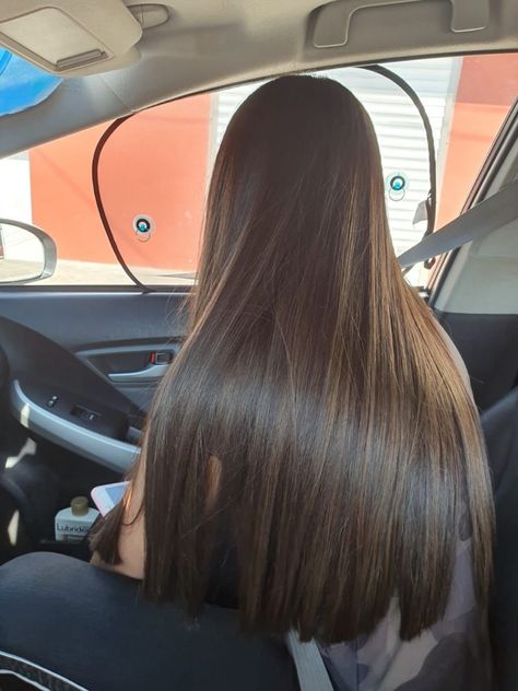 Long And Shiny Hair, Long Silky Brown Hair, Silky Brunette Hair, Keratin Hair Aesthetic, Long Hair One Length, Brunette Long Hairstyles, Long One Length Hair, Brown Shiny Hair, Pretty Dark Hair