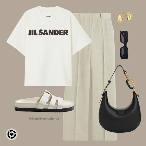 Jil Sander Tshirt Amazon Bottega Veneta Earrings H&M Trousers Jil Sander T Shirt Outfit, Jil Sander T Shirt, Tshirt Styling, Chilling Outfits, Collage Fits, Women Tshirt Outfit, Polyvore Spring, Envy Clothing, Androgynous Style