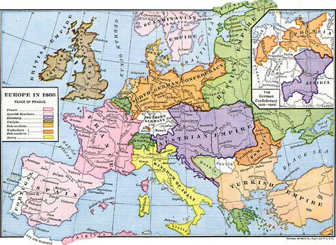 Treaty between Prussia (Bismarck) and Austria (William I) that ended the Austro-Prussian War and the commencement of the unification of Germany. 19th c. AF Franco Prussian, Genealogy Map, Otto Von Bismarck, Egypt Ancient, Map Of Europe, Austrian Empire, The British Empire, Russian Empire, German History