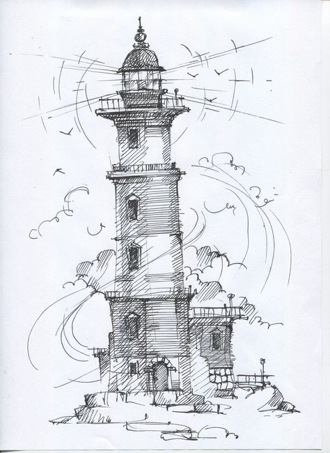 Lighthouse Drawing, Pen Art Drawings, Architecture Drawing Art, Landscape Drawings, Sketch Painting, Architecture Sketch, Book Art Drawings, Pen Art, Sketchbook Art Inspiration