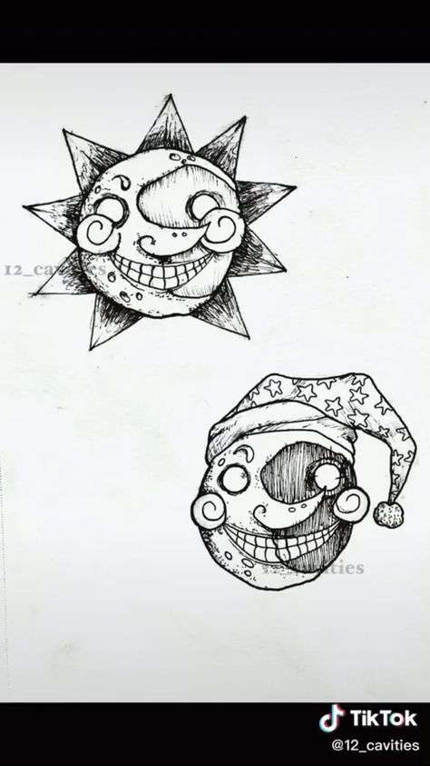 Fnaf Small Drawings, Freddy Fazbear Tattoo, 5 Nights At Freddys Drawing, Five Nights At Freddy's Tattoo Ideas, Moon Fnaf Drawing, Five Nights At Freddy's Tattoo, Fnaf Tattoo Ideas, Sun And Moon Fnaf Fanart, Eclipse Drawing