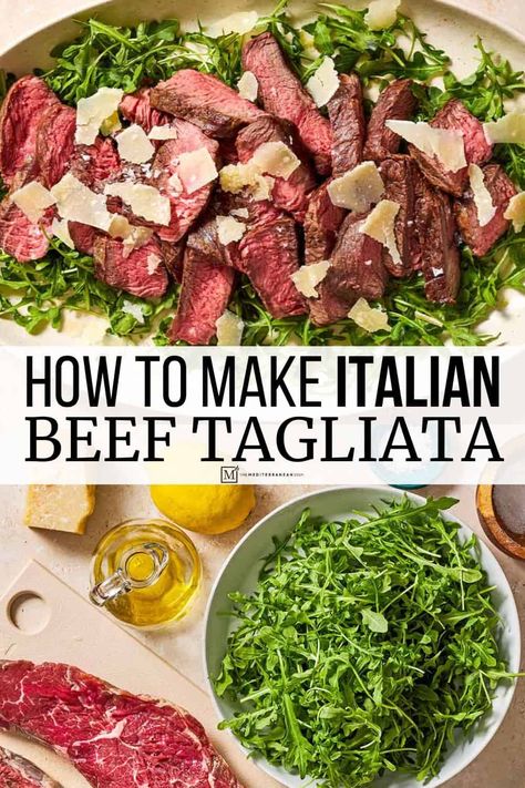 Beef Tagliata, or Tagliata di Manzo, is an Italian steak recipe served over a lemony arugula salad and finished with shaved parmesan.