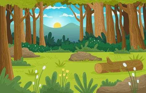 Sunrise Summer on Forest Background Animals And Their Homes, Winter Kunst, Farm Cartoon, Children's Book Layout, Forest Cartoon, Landscape Clipart, Forest Drawing, Woodland Art, Forest Background