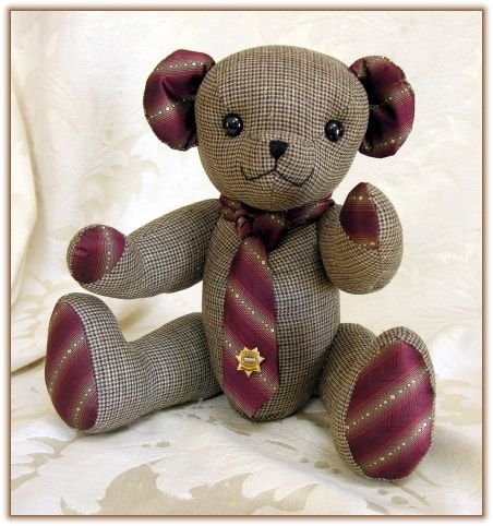 Memory Bear Made From Loved Ones Clothing. - A suit jacket and ties was used for this smiling memory teddy bear. TammyBears Making Clothes From Old Clothes, Sewing Bear, Memory Teddy Bear, Memory Animals, Memory Bears Pattern Free, Memory Clothes, Keepsake Teddy Bear, Memory Cushion, Memory Items