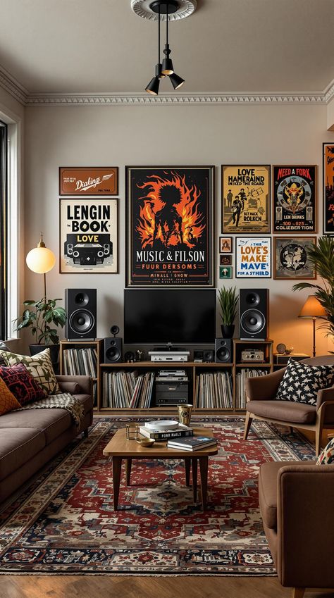 Street Style Living Room Musician Living Room Interior Design, Industrial Music Studio, Music Lounge Room, Music Lover Living Room, Music Room Living Room, Music Lover Apartment, Rock N Roll Apartment, Rock N Roll Living Room Vintage, Music Theme Living Room