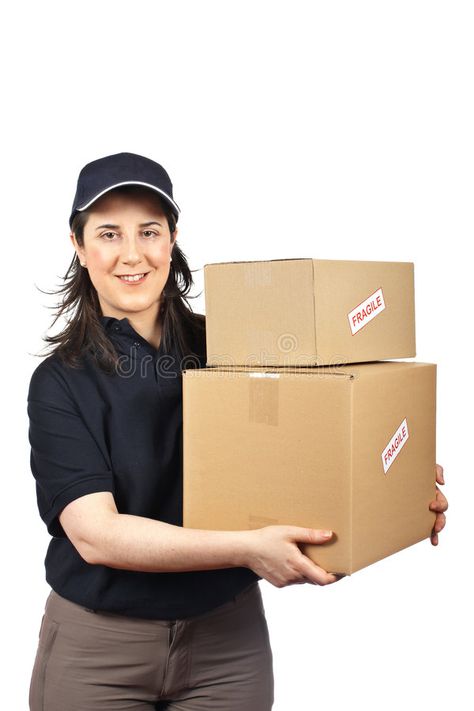 Delivering a parcels fragile. Courier woman delivering a parcels fragile isolate , #SPONSORED, #fragile, #Courier, #Delivering, #parcels, #woman #ad Web Layout, White Background, Royalty Free Stock Photos, Stock Images, Layout, Packaging, Sports, Quick Saves