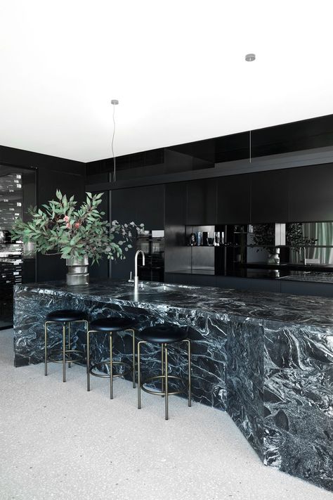 dark black kitchen with marble island bench Granite Benchtop, Balmoral House, Steel Bookshelf, Hillside House, Custom Planters, Monochrome Palette, Concrete Home, Australian Architecture, Sydney Harbour