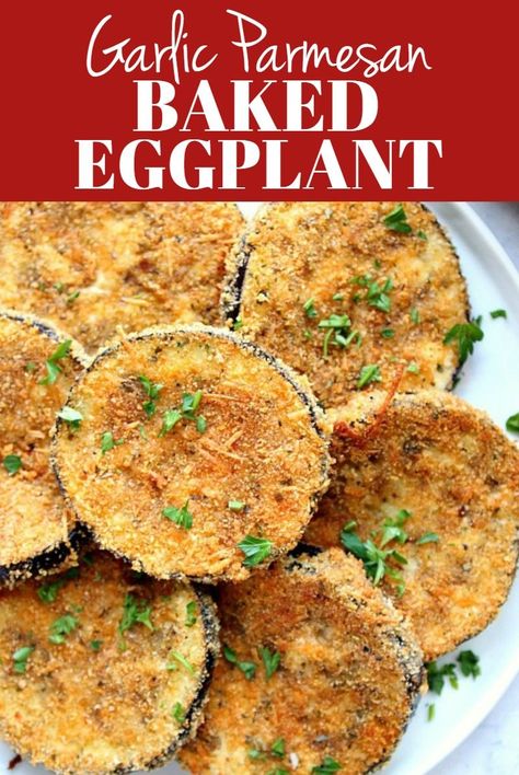 Garlic Parmesan Baked Eggplant - crispy baked, not fried, eggplant with garlic Parmesan breading. A delicious way to enjoy this fall vegetable! #sidedish #vegetarian #eggplant Eggpla T Parmesan, Parmesan Crusted Eggplant Recipe, Baked Egg Plant Recipes Easy, Ways To Make Eggplant, Parmesan Crusted Eggplant, Yummy Eggplant Recipes, Things To Make With Eggplant, Parmesan Eggplant Recipes, Fried Egg Plant Recipes