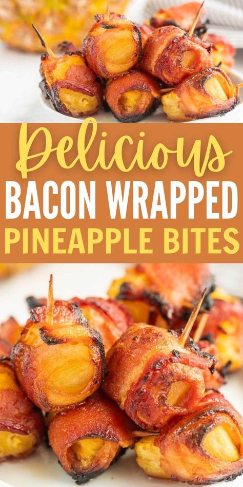 Bacon Wrapped Pineapple Bites Recipe - Eating on a Dime Bacon Appetizer, Bacon Wrapped Pineapple, Easy Delicious Appetizers, Bacon Wrapped Appetizers, Cocktail Hour Food, Make Bacon, Bbq Menu, Bacon Appetizers, Baked Bacon