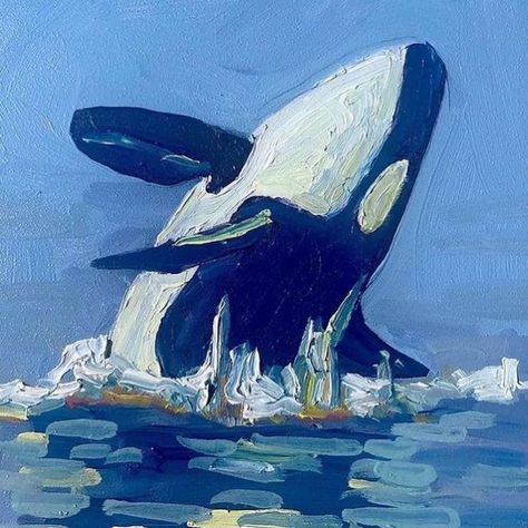 Cool Tone Painting, Water Splash Painting, Drawing Ideas Painting Canvases, Water Art Ideas, Orca Whale Painting, Paint Whale, Realistic Painting Ideas, Painting Inspo Acrylic, Whales Painting