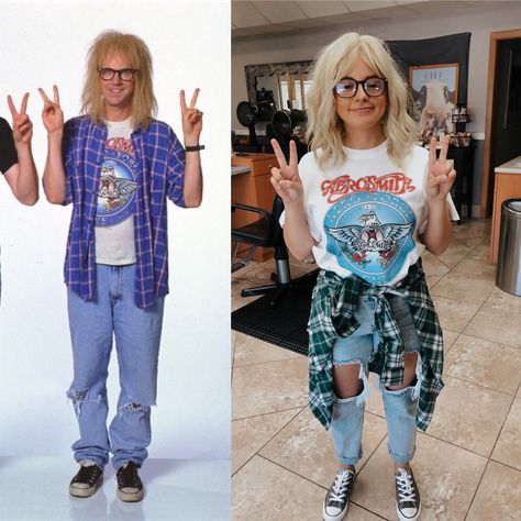 Waynes World Halloween Costume, Wayne’s World Halloween Costume, 90s Costume Party Outfits, Wayne’s World Costume, 90s Fancy Dress Ideas Woman, Wayne’s World, 90s Outfit Ideas 1990s Women, 90s Costume Ideas Woman Movie Characters, Halloween Costumes 90s Theme