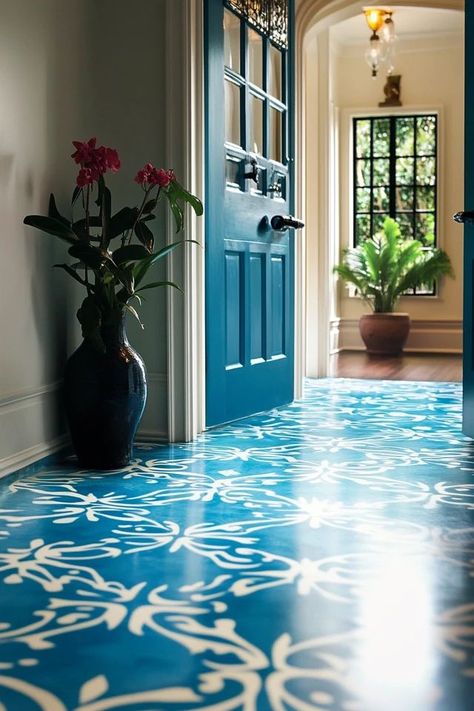 "Make your floors a work of art with a DIY Stenciled Floor! 🖌️🏡 #DIYDecor #FloorDesign #StencilingIdeas" Painted Floor Designs Ideas, Floor Stencils Patterns, Painted Wooden Floors, Painted Wood Floors, Floor Painting, Creative Flooring, Kolam Design, Painted Floor, Stenciled Floor