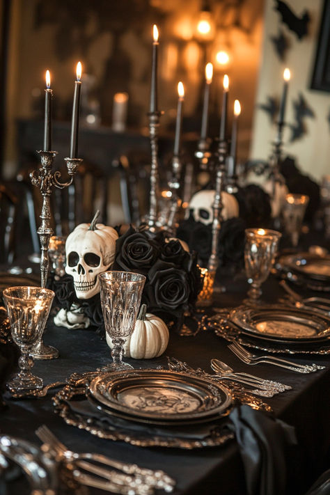 Transform your home into a Halloween wonderland with these 35+ spooktacular decoration ideas. From eerie lights to haunted accents, create a hauntingly beautiful space for the spooky season. 🌟✨ #HalloweenDecor #Spooktacular #HauntedHome #HalloweenIdeas Adult Halloween Table Decor, Spooky Quinceanera, Halloween Witch Tablescape, Halloween Dinner Party Table Setting, Black Halloween Table Decor, Bougie Halloween Party, Fancy Halloween Party Decor, Halloween Decor Restaurant, Halloween Table Decorations Ideas