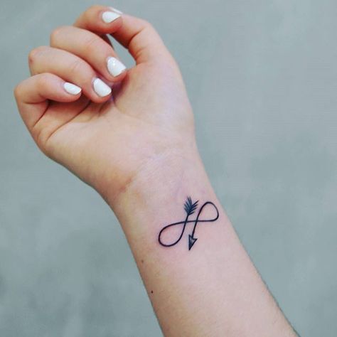 Infinity Arrow Tattoo, Small Infinity Tattoos, Arrow Tattoo On Wrist, Infinity Tattoo On Wrist, Infinity Tattoo Designs, Shape Tattoo, Tattoo For Son, Infinity Tattoos, Small Wrist Tattoos