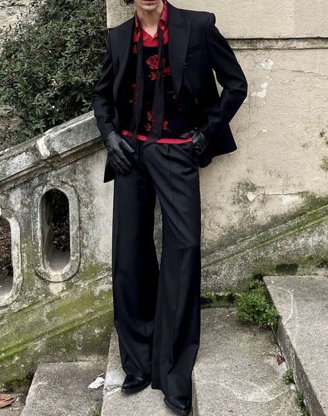 Men’s Formal Outfit Aesthetic, 1920s Black Mens Fashion, Prom Male Outfits Black, Gala Wear Men, Hollywood Prom Outfit Men, Alt Mens Wedding Attire, Vamp Outfit Men, Mens Prom Outfit Aesthetic, Red Fancy Outfit Men