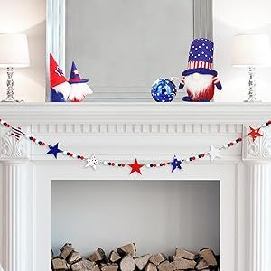 Display Fireplace, 4th Of July Garland, 4th Of July Home Decor, Wooden Beads Garland, Patriotic Garland, Felt Stars, Patriotic Banner, Felt Star, Beaded Decor