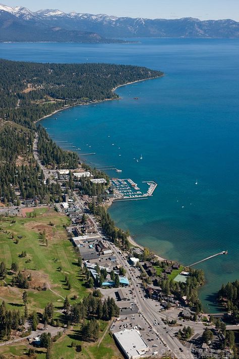 "Tahoe City Aerial 2" - Aerial photograph of Tahoe City and Lake Tahoe, shot from an amphibious seaplane with the door removed. Lake Tahoe Map, North California, Real Estate Pictures, West Coast California, Sweet California, Donner Lake, Tahoe Nevada, California Zephyr, Shots Photography