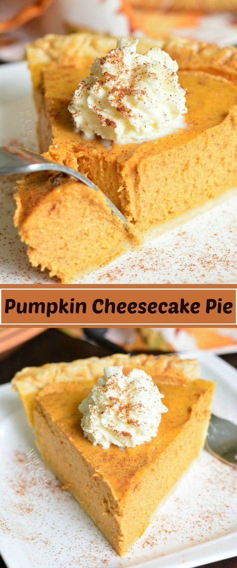 This PUMPKIN CHEESECAKE PIE is a combination of a classic pumpkin pie with silky creaminess of a cheesecake. This easy dessert is perfect to serve at holiday dinners or just because you feel like having a pumpkin treat. #pumpkin #pie #cheesecake #dessert #holiday #pumpkinpie Pumpkin Cheesecake Pie, Classic Pumpkin Pie, Pumpkin Pie Cheesecake, Cheesecake Pie, Easy Pumpkin Pie, Dessert Simple, Pumpkin Treat, Holiday Dinners, Pumpkin Pie Recipes