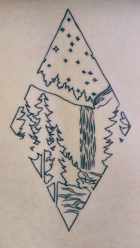 Waterfall Tattoo Minimalist, Geology Tattoo Ideas, Simple Waterfall Tattoo, Cute Nature Tattoos, Icelandic Tattoo Ideas, Glacier Tattoo, Iceland Tattoo Ideas, Waterfall Tattoo Ideas, Alaska Tattoo Ideas