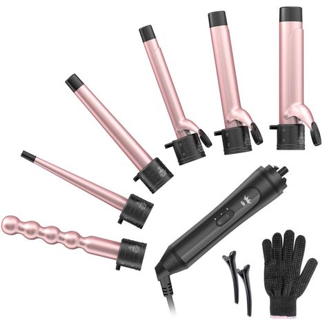 Amazon.com: 6-IN-1 Curling Iron, Professional Curling Wand Set, Instant Heat Up Hair Curler with 6 Interchangeable Ceramic Barrels (0.35'' to 1.25'') and 2 Temperature Adjustments, Heat Protective Glove & 2 Clips: Health & Personal Care Corkscrew Curls, Wand Curling Iron, Good Curling Irons, Curling Wand Set, Best Curlers, Curling Iron Hairstyles, Curling Hair With Wand, Big Curls, Curling Wand