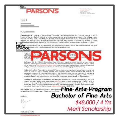 We're proud to announce that  one of New York Art Studio's Portfolio  Preparation Program students this year,  Lin got accepted into PARSONS Bachelor of Fine Arts- Fine Arts Major with $48,000/4yrs Merit Scholarship  for 2020 Spring semester. Parsons School Of Design Aesthetic, Parsons Portfolio, Scholarship Acceptance, Fine Arts Major, 2025 Board, College Ready, Graduate College, College Vision Board, Summer Vision