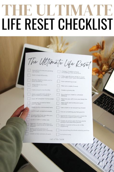 The Ultimate Life Reset Checklist | How to Reset Your Life - out of the habit Reset Checklist, Aesthetic Planners, Life Planner Printables, Reset Your Life, Life Reset, Habit Stacking, Self Help Skills, Body Glow, Self Organization