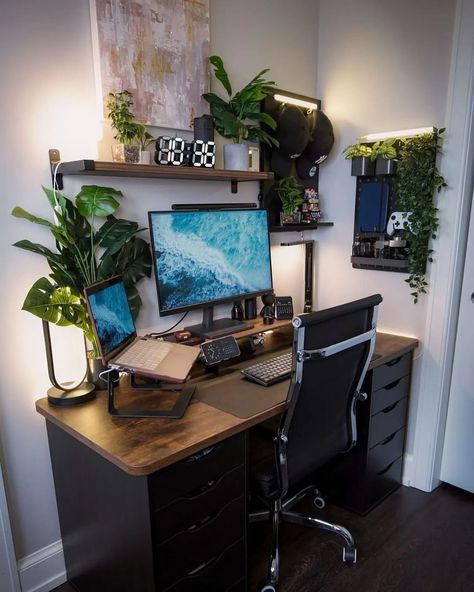 Stylish setup by @_lifeofsx || All product links are in bio 🏷 || Tag or Send us to be uploaded - Follow @itsworkflow - #setups #m1mac #setupinformation #macsetup #setup #workflow #isetups #itsworkflow #desksetup #officevibes #workspace #workspaceinspo #deskdecor #setupwars #plannersetup #dreamdesk #designerdesk #smarthome #homekit #WorkFromHome #wfhsetup #minimalsetup Plant Desk Setup, Tropical Desk, Studio In Casa, Workstation Ideas, Workspace Setup, Cozy Setup, Bedroom Workspace, Industrial Home Offices, Cozy Workspace