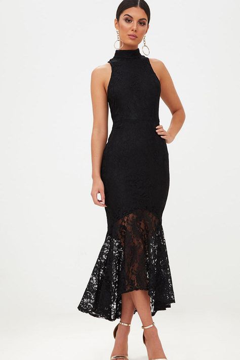 Lace High Neck Dress, High Neck Gown, High Collar Dress, High Neck Lace Dress, Black Lace Midi Dress, Affordable Prom Dresses, Fishtail Dress, Full Length Dress, Black Lace Dress