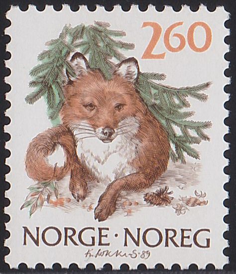 Red Fox. Country: Norway Issued on: 18/02/1988 - 21/02/1991 Series: Nature Face Value: kr Printing: Offset lithography and Recess Vulpes Vulpes, طوابع بريد, Postcard Stamps, Commemorative Stamps, Postage Stamp Art, Vintage Postage Stamps, Stamp Printing, Letter Stamps, Vintage Postage