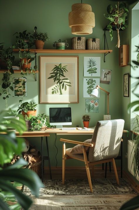 Olive Green Office Decor, Beige And Green Office, Green Walls Home Office, Small Office Colour Scheme, Sage Green Office Aesthetic, Green And Orange Office, Cosy Gaming Room, Sage Green Study, Sage Home Office