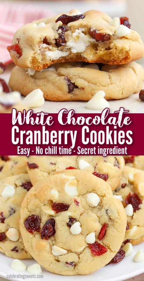 Cheese Sausage Dip, Cookies No Chill, Cranberry White Chocolate Chip Cookies, Chocolate Cranberry Cookies, Cranberry Cookies Recipes, White Chocolate Cranberry Cookies, Chocolate Cranberry, White Chocolate Cookies, White Chocolate Chip Cookies