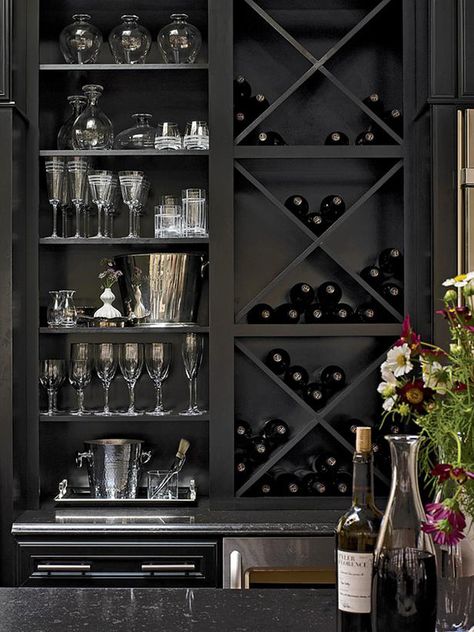 DIY Network shares these beautiful X shelf inserts (that you can buy or make at home based on the size of your shelves) that create a beautiful way to store and display your wine. Wine Bottles, A Black, Wine, Bar, Black