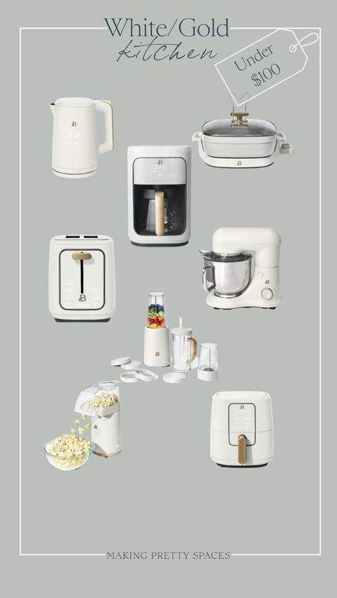 White and gold kitchen appliances, under $100, toaster, electric skillet, coffee maker, mixer, personal blender, air fryer, popcorn maker, air fryer Follow my shop @makingprettyspaces on the @shop.LTK app to shop this post and get my exclusive app-only content! #liketkit #LTKhome #LTKfindsunder100 #LTKSeasonal @shop.ltk https://liketk.it/4iwCW Gold Coffee Maker, Gold Kitchen Appliances, White And Gold Kitchen, Air Fryer Popcorn, Electric Skillet, Personal Blender, Gold Coffee, Gold Kitchen, Popcorn Maker