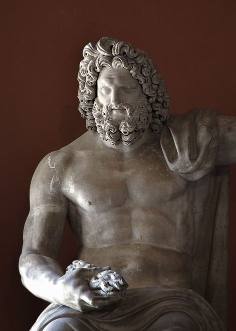 Seated statue of Jupiter %28so-called Jupiter Verospi%29. Marble. Dating%3A 80%E2%80%94100 CE %28Spinola%29 %2F 3rd cent. CE %28others scholars%29. Only the upper part of the body is ancient%2C up to the legs%3B the arms%2C some parts of the face and of the hair and the rest of the body were integrated in the 18th century. Rome%2C Vatican Museums%2C Pius-Clementine Museum%2C Gallery of the Busts%2C 77 Photo by Sergey Sosnovskiy. Roman Empire, Rome Vatican, Greek Statues, Roman Gods, Ancient Statues, Vatican Museums, 1st Century, Marble Statues, Ancient Rome