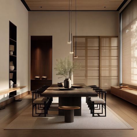 A fusion of Japanese and Scandinavian aesthetics, Japandi style embraces minimalism and functionality, characterised by clean lines, natural materials, and a neutral colour palette. The spaces are designed to evoke a sense of tranquility and simplicity, with an emphasis on light, space, and natural elements. Furniture pieces are low-profile and crafted from wood, while decor elements include organic textures and soft fabrics, creating a harmonious and serene environment that promotes relaxati... Japandi Restaurant Interior, Japandi Dark Wood, Japandi Lights, Zen Dining Room, Japanese Dining Room, Japandi Dining Room, Japandi Dining, Holistic Design, Serene Environment