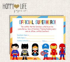 SUPERHERO Training Camp Game PRINTABLE by myhappylifedesigns Superhero Certificate, Superhero List, Super Hero Training, Superhero Camp, Hero Training, Superhero Party Games, Superhero Training, Superhero Party Invitations, Superhero Academy