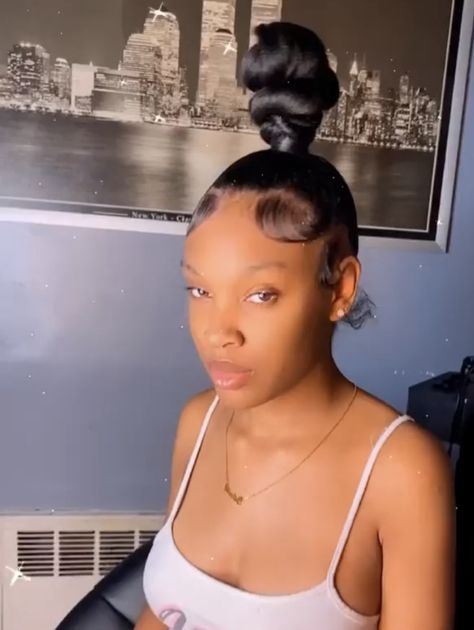 Bun With Weave Hairstyles, Weave Top Knot Bun, Cute Two Buns Hairstyles Black Women, Slick Weave Bun, To Knot Bun, Top Knot With Weave, Slick Hairstyles Baddie Bun, Ponytails Ideas For Black Women, Buns And Ponytails Hairstyles Black