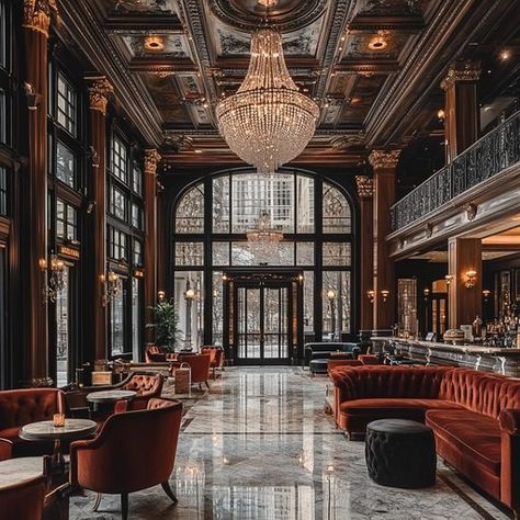 The interior of a prestigious hotel lobby showcases the epitome of luxury and opulence. Dominating the space is a splendid chandelier that casts a soft, inviting glow over the room. Plush red velvet chairs and sofas offer a comfortable resting area for guests, while the polished marble flooring reflects the intricate architecture of the windows and the dark, ornate wooden paneling that lines the walls. This setting is not just a passage but a statement of elegance and style, designed to impress Luxury Casino Design, Hotel Reception Design Luxury, Cool Hotel Lobby, Hotel Lobby Design Luxury, Hotel Lobby Aesthetic, Hotel Lounge Area, Grand Hotel Lobby, Art Deco Hotel Lobby, Hotel Lobby Bar