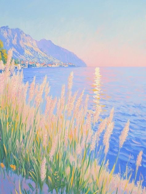 This exquisite artwork captures the tranquility of a coastal landscape bathed in soft pastel colors reminiscent of impressionist master Claude Monet. The gentle swaying of lush grasses in the foreground meets the shimmering waves of a serene sea, as hues of pink, blue, and gold intertwine seamlessly to create a peaceful ambiance. This original canvas print invites you to experience the beauty of nature in your living space, making it an ideal choice for any discerning art lover seeking to enhanc Pink And Green Landscape, Peaceful Color Palette, Painting Pastel Colors, Calming Color Palette, Calm Landscape, Pastel Cottagecore, Calming Art, Coastal Calm, Calm Art