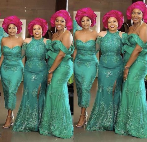 Beautiful collection styles Green Nigerian Wedding, Green Asoebi, Nigerian Bridesmaid Dresses, Wedding Bridesmaids Dresses, Green Wedding Theme, Asoebi Lace Styles, Lace Styles For Wedding, Theme Green, African Bridesmaid Dresses