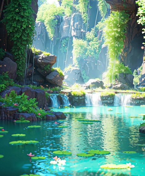 Hidden Oasis, Outdoor Artwork, Waterfall Landscape, Landscape Flowers, Fantasy Background, Creative Pictures, Ghibli Art, Landscape Artwork, Beauty Nature