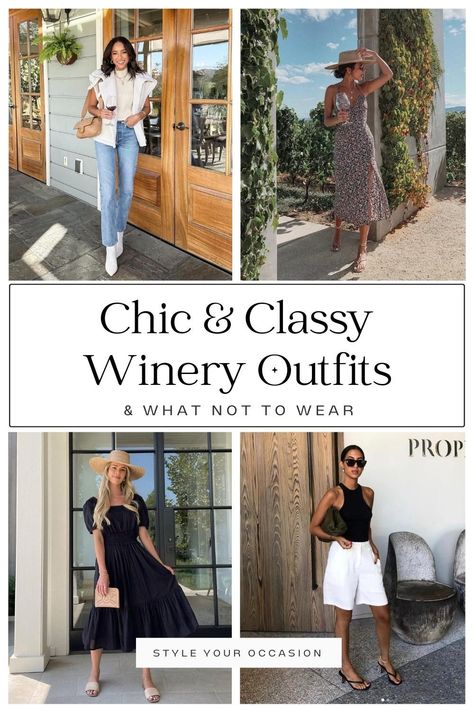 Looking for chic winery outfits? Or the perfect wine tasting outfit? You’ll learn exactly what to wear to a winery and see perfect winery outfit summer, spring, and fall ideas! These chic looks are perfect for the vineyard, a wine tasting, and there’s some winery wedding outfit ideas too! Whether you want a casual look with jeans, pretty dresses, or something in the middle, you’ll love these classy winery looks! photo cred: @jessnoons @nenaevans @everydaypursuits @k.els.e.y @taniasarin Wine Tasting Event Outfit, French Winery Outfit, Winery Outfit Autumn, Wine Event Outfit, Wine Tasting Outfit Summer Casual, Napa In October Outfits, Spring Winery Outfit Wine Tasting, Wine Festival Outfit Spring, Wine Vineyard Outfit Summer